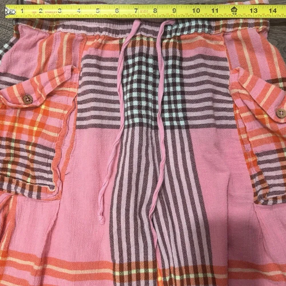 Free People Plaid Baggy Cargo Shorts Pink Wide Leg Boho Bermuda Size Small